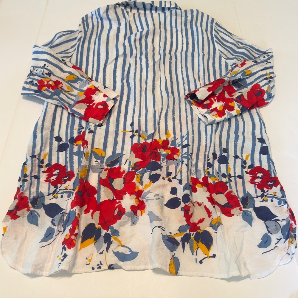 Multiples Blue & White Striped Floral Button-Up Blouse - Picture 9 of 10